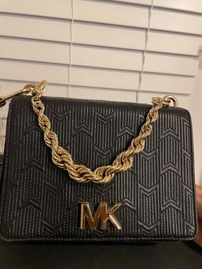 Michael Kors Black Crossbody with Gold MK Logo & Twisted Chain